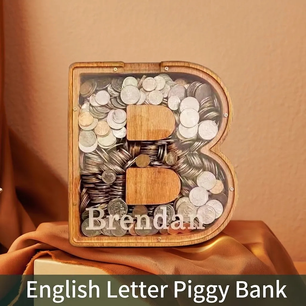 Wooden Alphabet Piggy Bank Letter Money Saving Box Clear Acrylic Home Decor Desktop Ornament For Kids Boys Girls