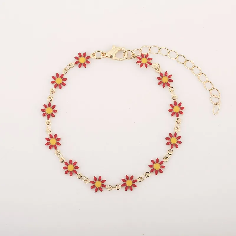 Daisy Flower Bracelet For Women Copper Gold Plated Enamel Colorful Heart Pendant Adjustable Extension Chain Fresh Jewelry