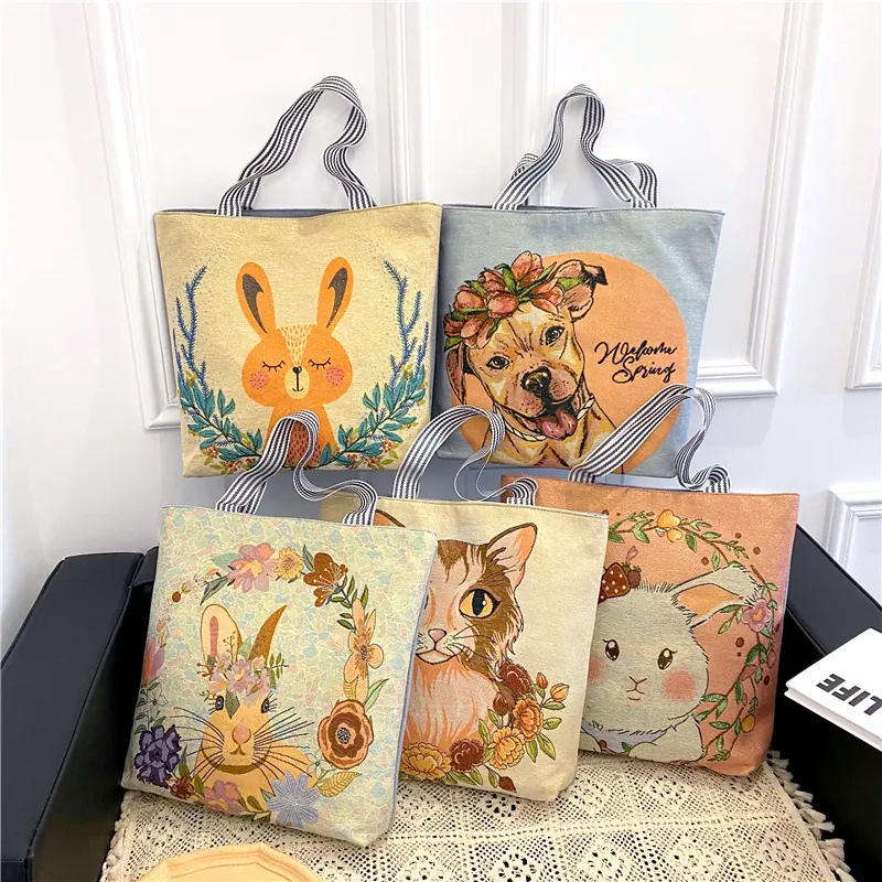 Canvas Tote Bag Women Animal Embroidery Floral Large Capacity Casual Shoulder Handbag Striped Strap Zipper Cotton Linen