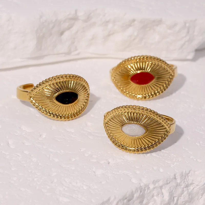 Bague Ouverte Soleil Rétro Acier Inoxydable Plaqué Or 18K Ovale Géométrique Incrustation Vintage Bijoux Réglables Femmes