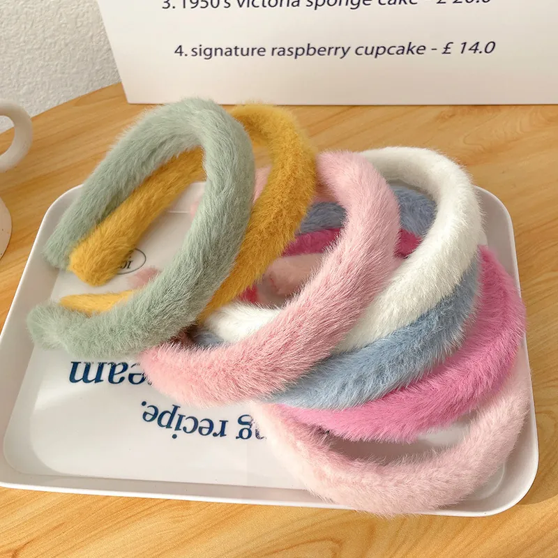 Soft Plush Headband Faux Fur Fabric Elastic Wide Sweet Solid Color Daily Winter Autumn Hair Accessories Girls