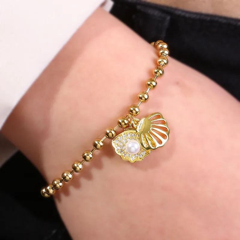 Hollow Shell Artificial Pearl Pendant Round Bead Stainless Steel Bracelet For Women Elegant Gold Plated Jewelry Zirconia Ocean Style