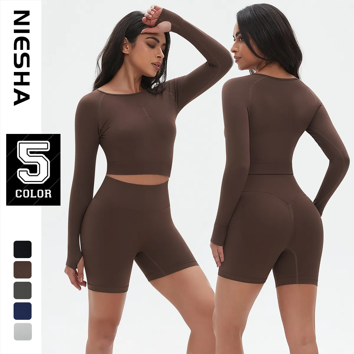 Conjunto de Yoga sin Costuras para Mujer Nylon Spandex Transpirable Top And Pantalones Cortos de Cintura Alta Ropa Deportiva