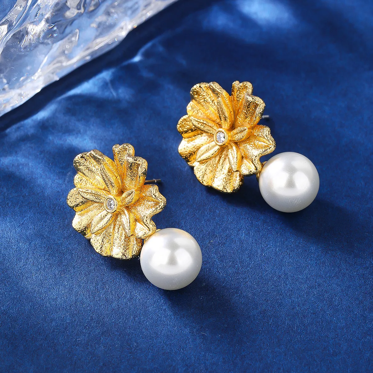Elegant Flower Artificial Pearl Drop Earrings Gold Plated Copper Textured Petal Zircon Jewelry For Women Formal Accessories
