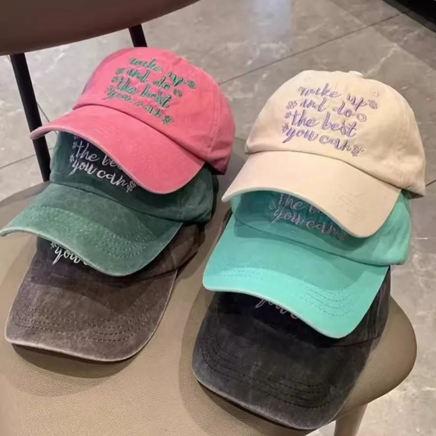 Washed Cotton Baseball Cap For Women Men Vintage Letter Floral Embroidery Adjustable Sun Hat Casual Outdoor Peaked Cap