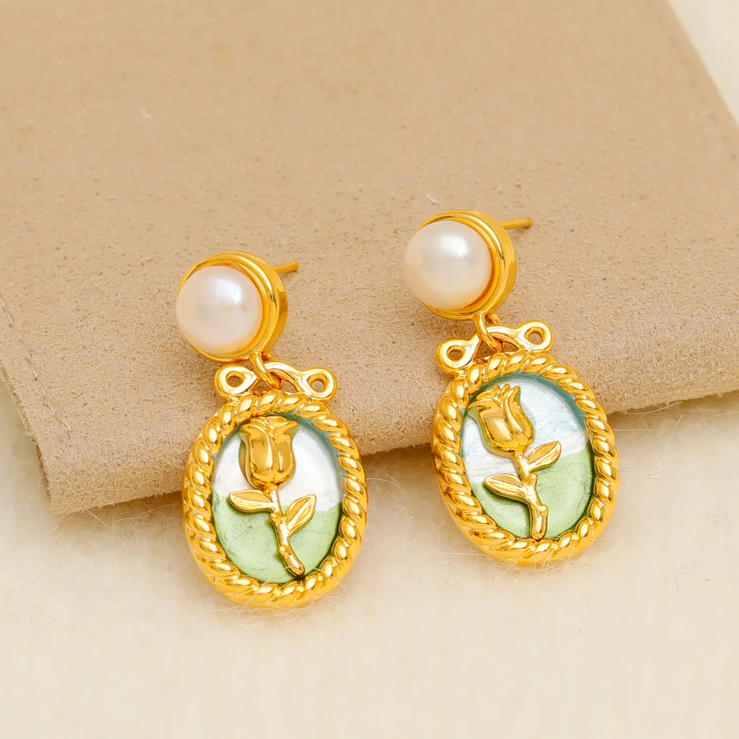 French Vintage Tulip Drop Earrings Copper Freshwater Pearl Enamel Drip Oil With 925 Sterling Silver Earring Post For Women