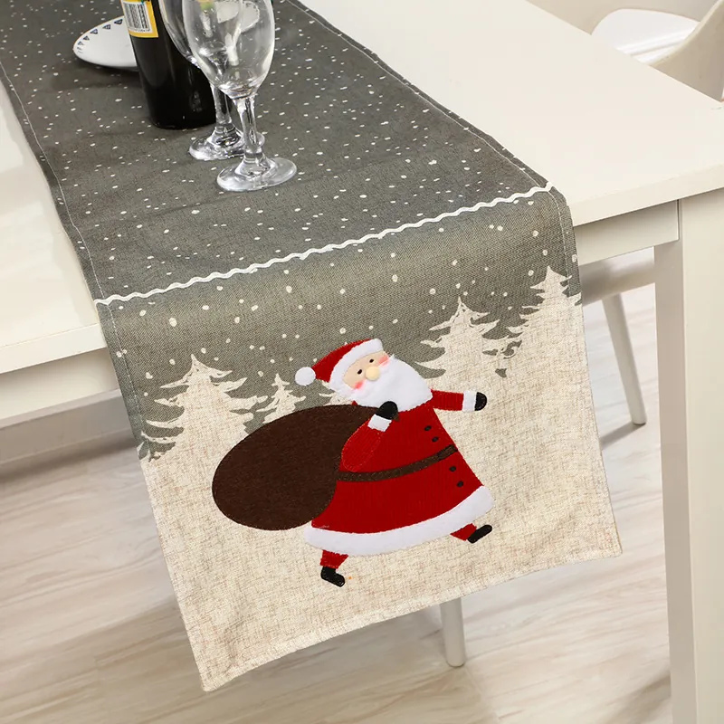 Christmas Table Runner Santa Claus Snowman Embroidery Applique Grey Beige Snowflake Pattern Cotton Linen Holiday Decor