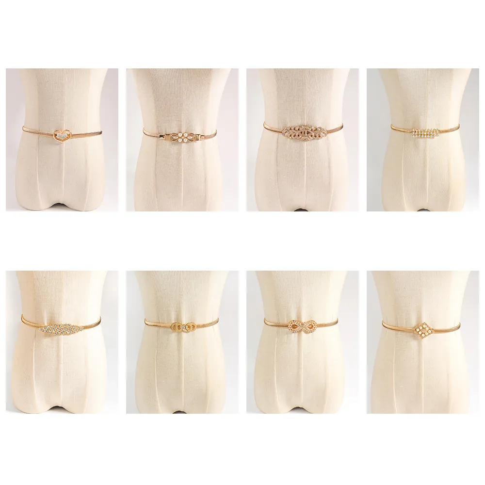 Elastic Metal Waist Chain Belt Women Alloy Rhinestone Artificial Pearl Heart Flower Buckle Dress Decoration Elegant Fashion Accessory