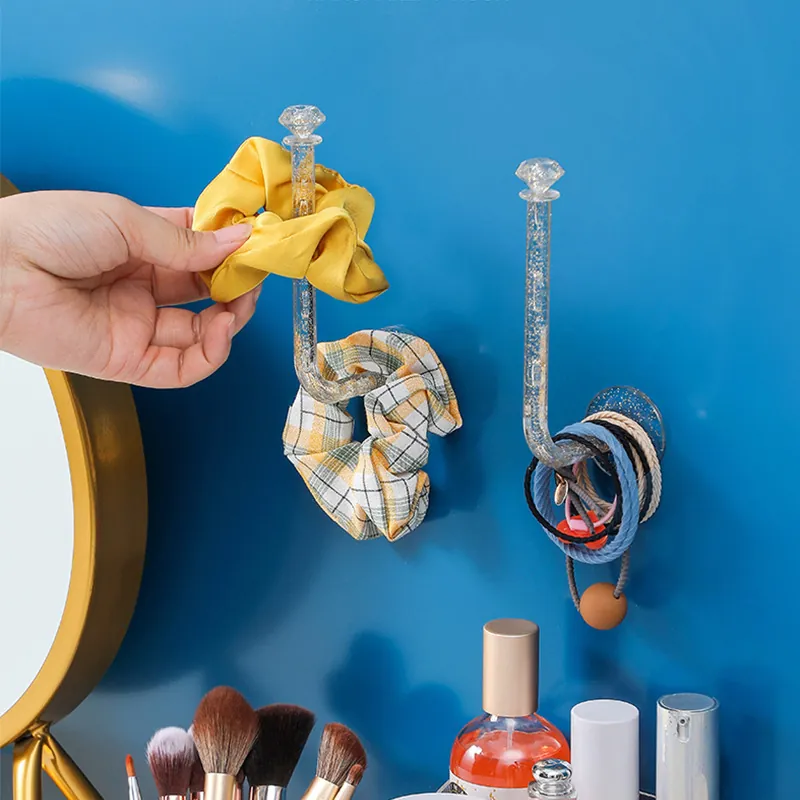 Wall Mounted Storage Hooks Transparent Glitter GPPS Diamond Shape Self Adhesive L Shaped Hairband Jewelry Organizer