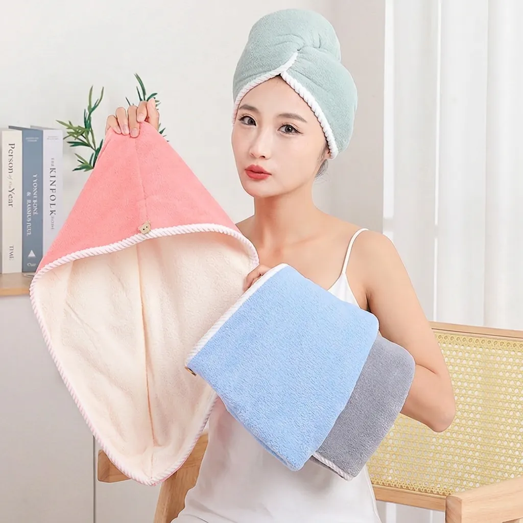 Hair Drying Cap Thickened Coral Fleece Super Absorbent Quick Dry Towel For Women With Bear Button Double Layer Head Wrap