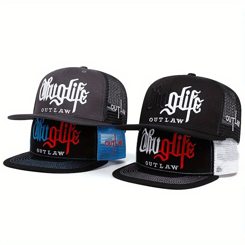 Thug Life Outlaw Embroidery Trucker Hat Acrylic Mesh Breathable Snapback Flat Brim Hip Hop Streetwear Cap Unisex