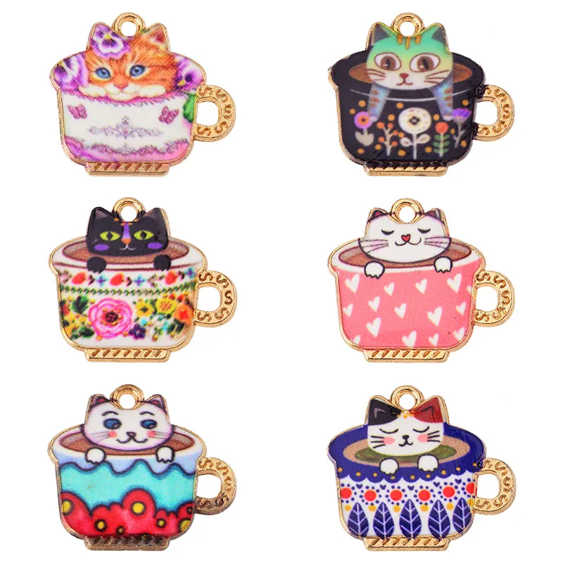 Alloy Enamel Cat In Teacup Charms For DIY Necklace Bracelet Making Cute Cartoon Animal Jewelry Findings Pendants
