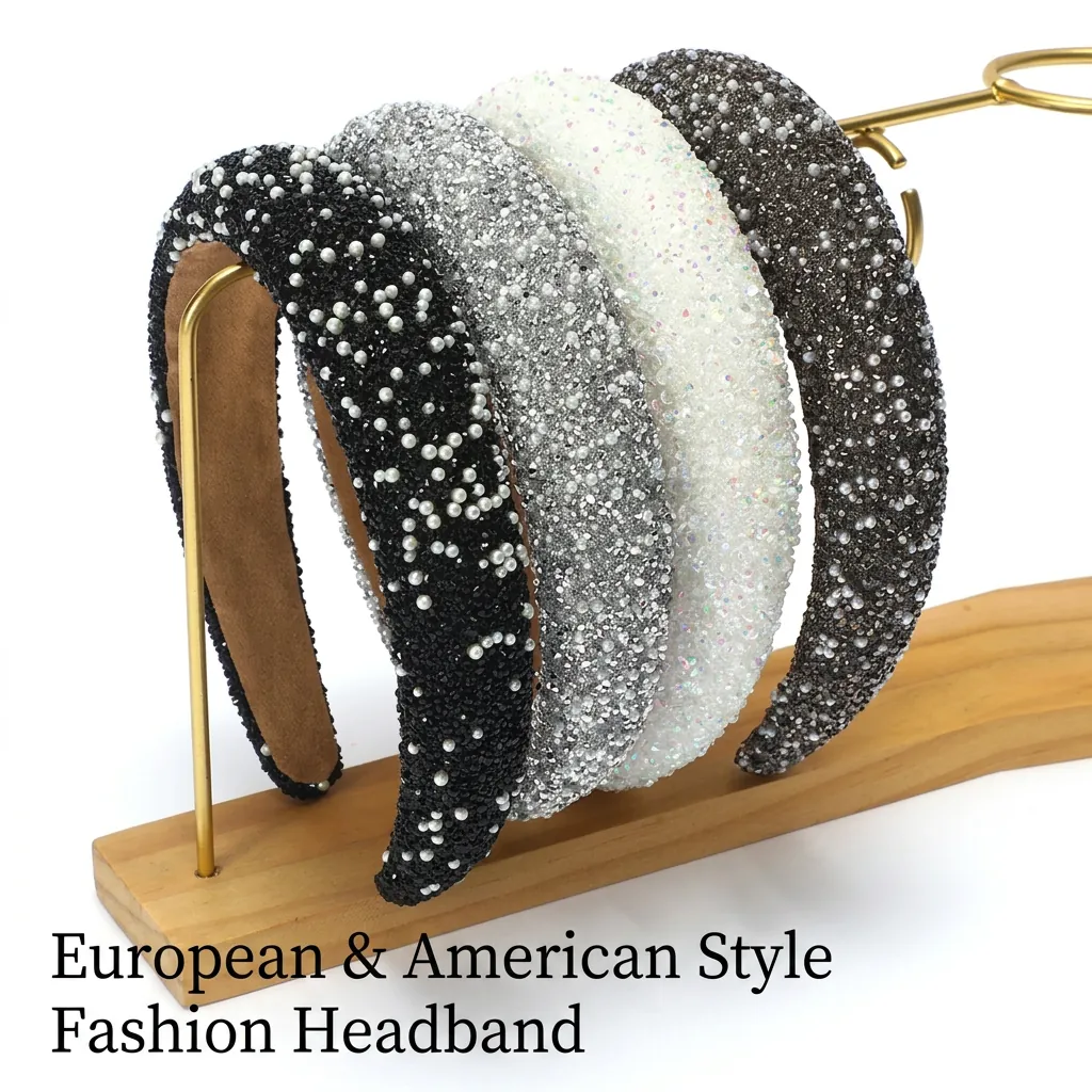 Fashion Wide Padded Headband For Women Rhinestone Faux Artificial Pearl Sparkling Hair Hoop Non Slip Thickened Makeup Headwear