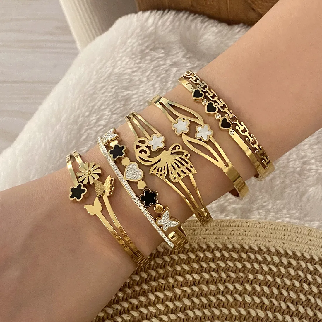 Mode Or Acier Inoxydable Strass Fleur Papillon Coeur Bracelet Jonc Pour Femmes Bijoux De Style Urbain Cadeau