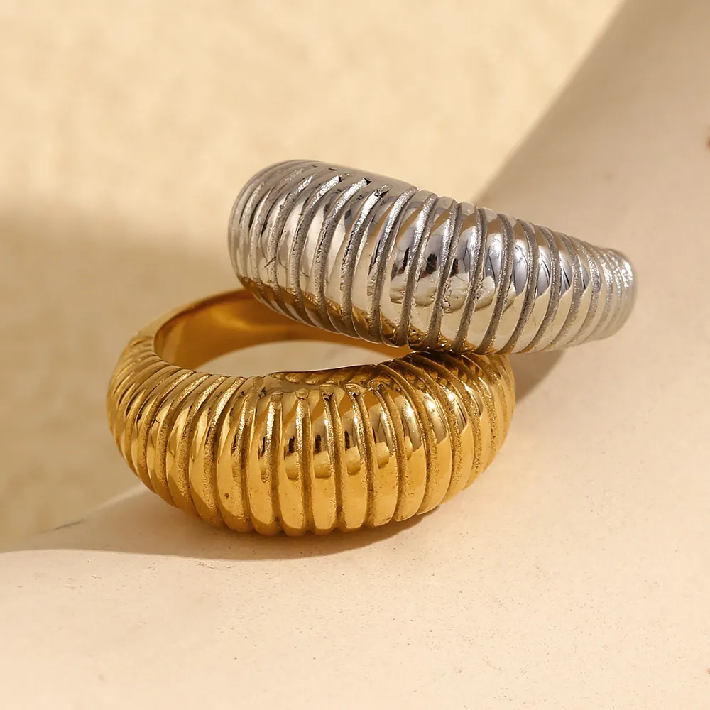 Croissant Ring Stainless Steel 18K Gold Plated Ribbed Twisted Thick Chunky Retro INS Fashion Jewelry For Women