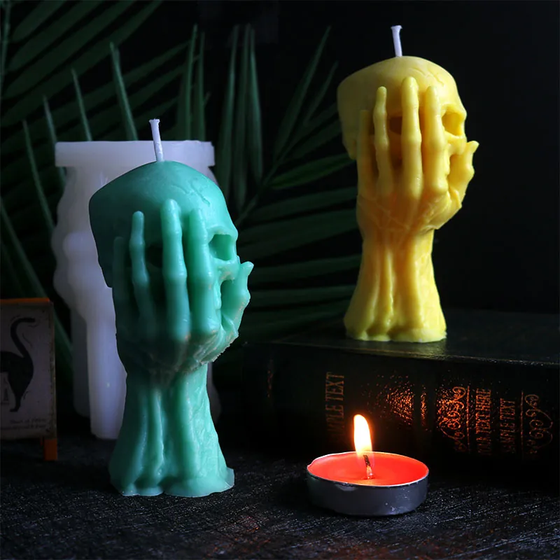 Skull Hand Silicone Mold 3D Skeleton Design Halloween Candle DIY Decoration Home Ornament Flexible Easy Release