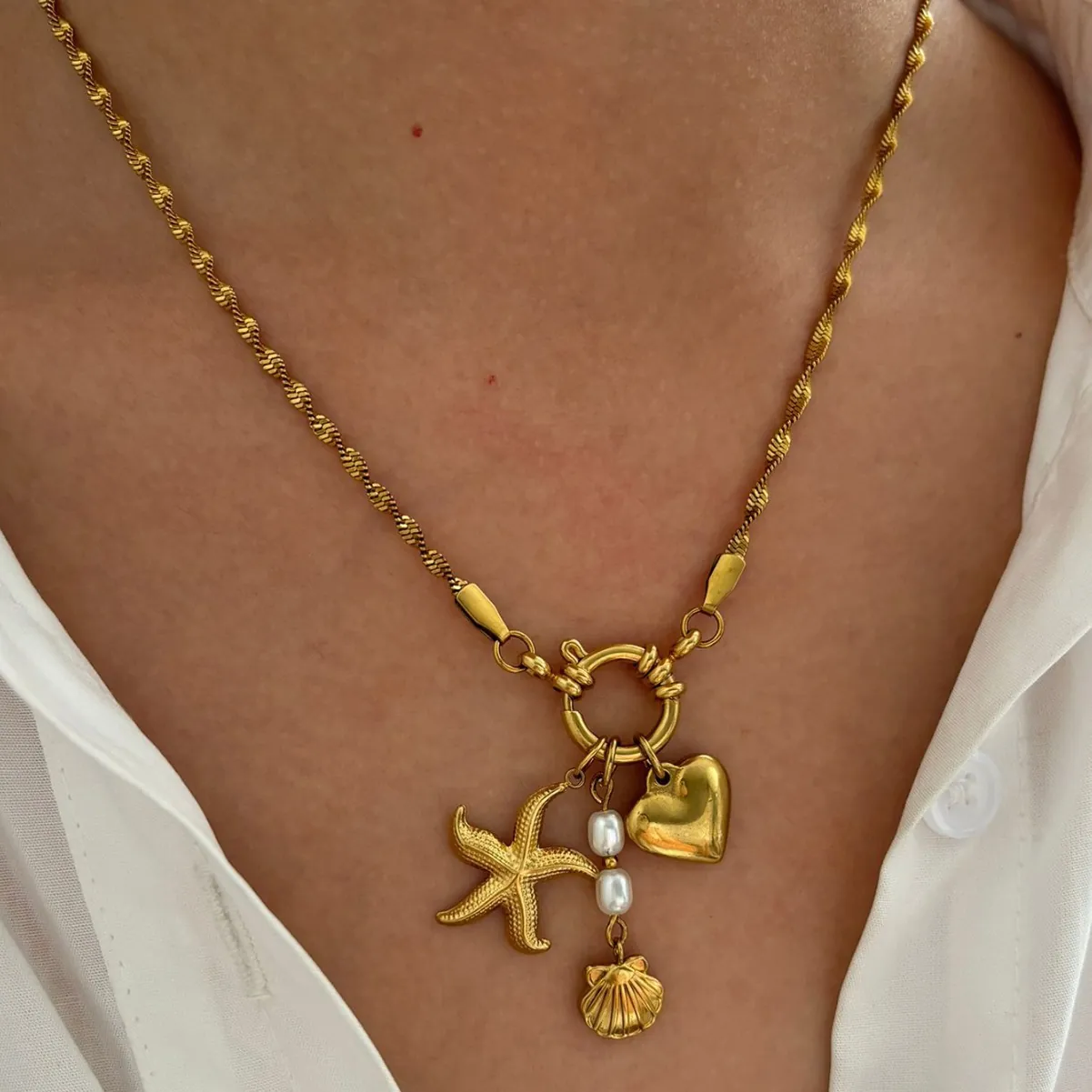 Starfish Heart Shell Pendant Necklace Stainless Steel Gold Plated Faux Artificial Pearl Ocean Theme French Style Women Jewelry