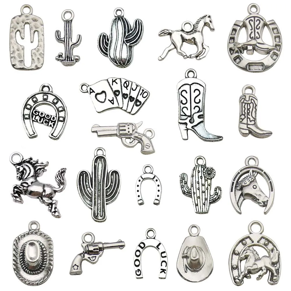 Western Cowboy Theme DIY Jewelry Accessories Antique Silver Gold Zinc Alloy Cactus Horseshoe Hat Boot Poker Charms For Bracelet Necklace Making