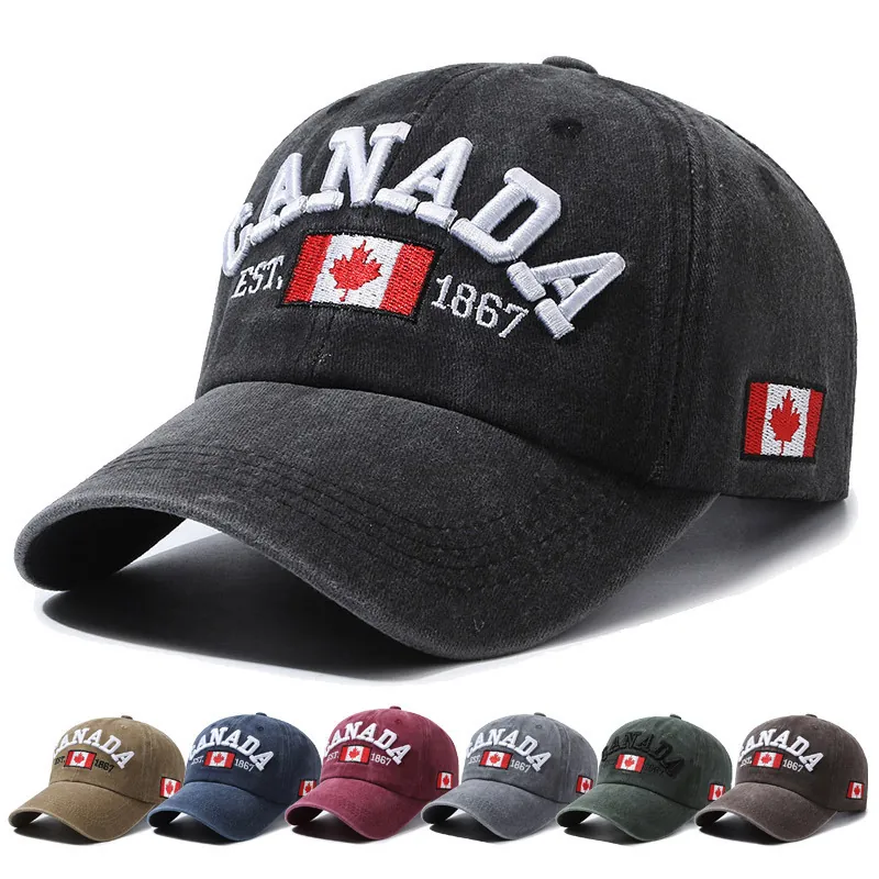 Canada Embroidery Washed Cotton Baseball Cap Retro Distressed Dad Hat Adjustable For Men Women Vintage Sun Hat