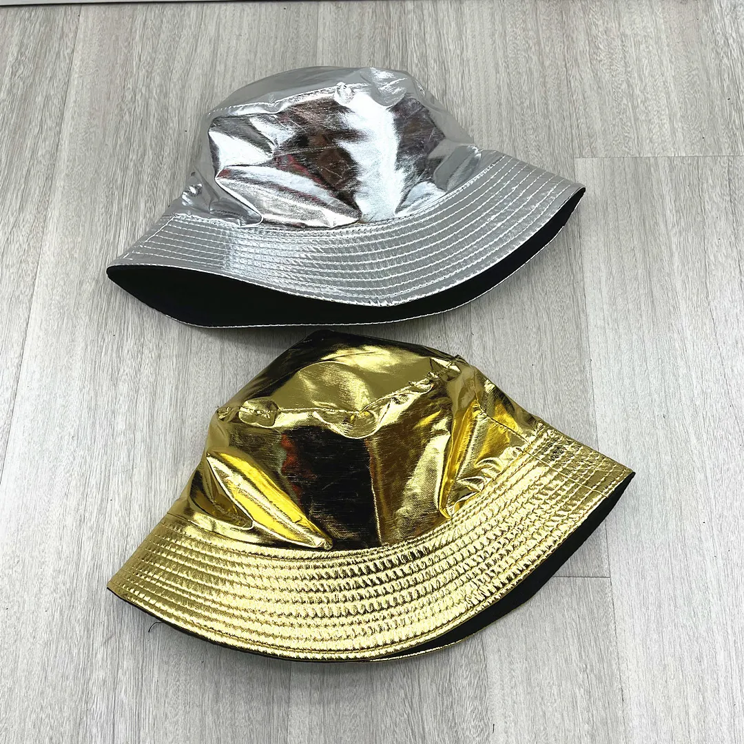 Bucket Hat Shiny PU Leather Metallic Reversible Sunshade Chic Party Disco Basin Hat For Women Men Unisex Casual Fashion