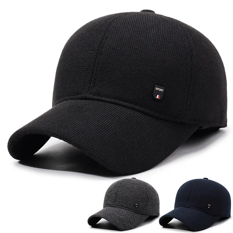 Winter Warm Baseball Cap With Ear Flaps Fleece Lined Windproof Adjustable Outdoor Hat For Men Knitted Texture Sport