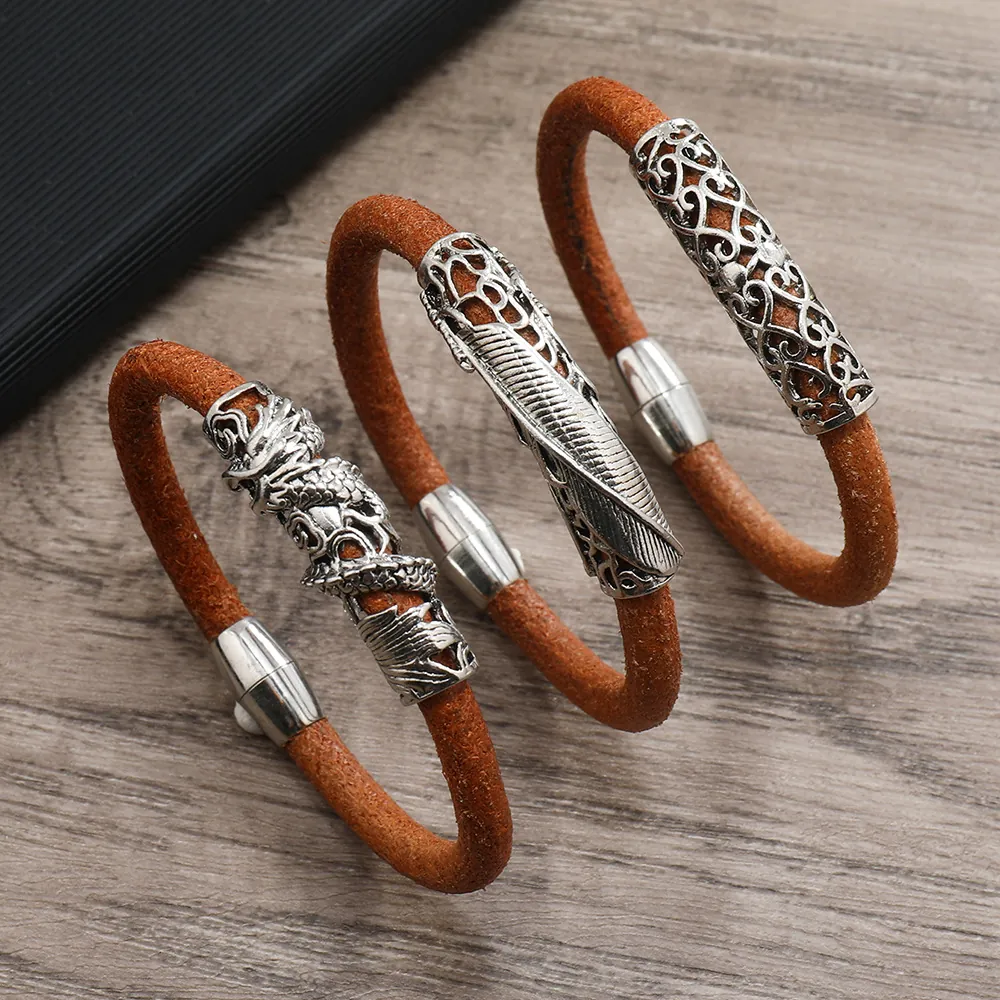 Leather Bracelet For Men With Alloy Magnetic Clasp Retro Punk Style Dragon Feather Engraved Charm Braided Wristband
