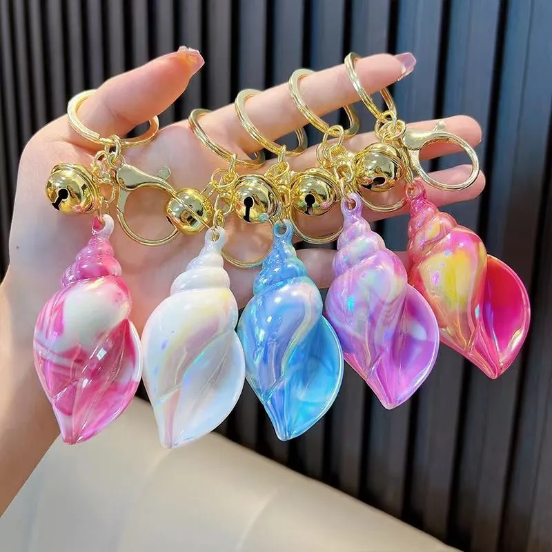 Colorful Iridescent Conch Shell Keychain Resin Bag Pendant With Bell For Women Girls Alloy Key Ring Accessories