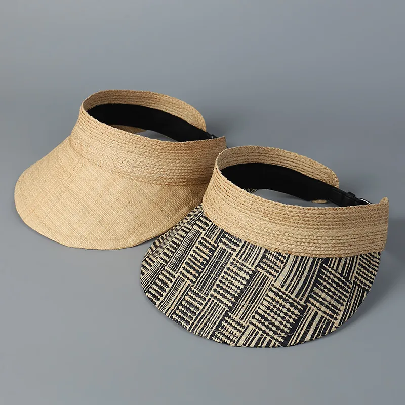 Raffia Straw Sun Visor Hat Empty Top Adjustable Leather Buckle Breathable Foldable Beach Travel Casual For Women