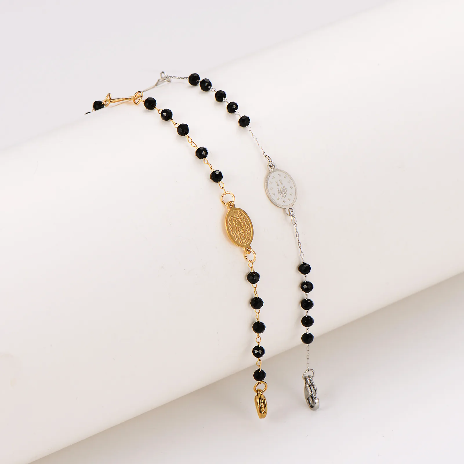 Rosary Bracelet 304 Stainless Steel Black Faceted Beads Cross And Medal Pendant Religious French Retro Jewelry For Women