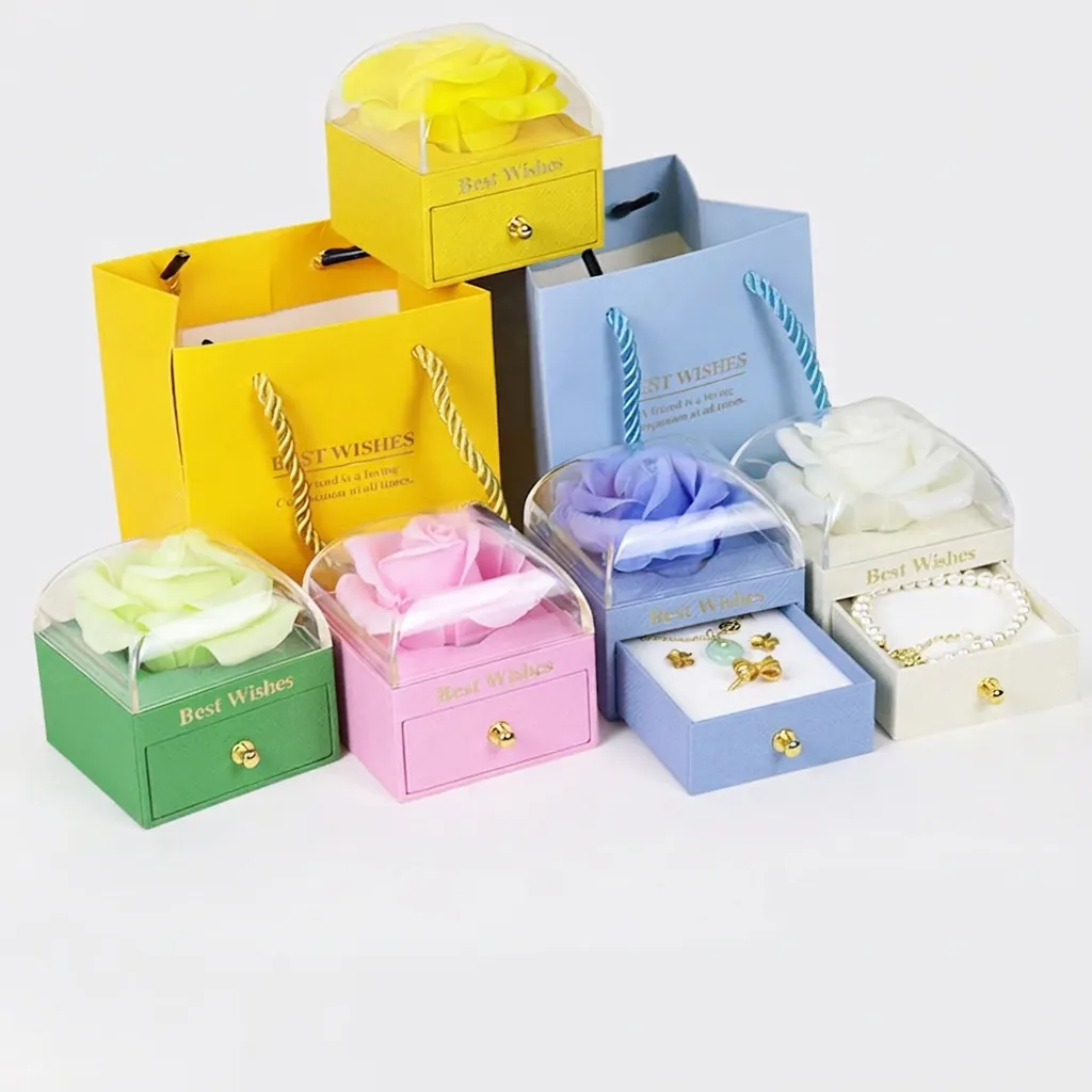 Jewelry Gift Box With Artificial Rose And Matching Handbag Macaron Color Drawer Style Plastic Acrylic Storage For Necklaces