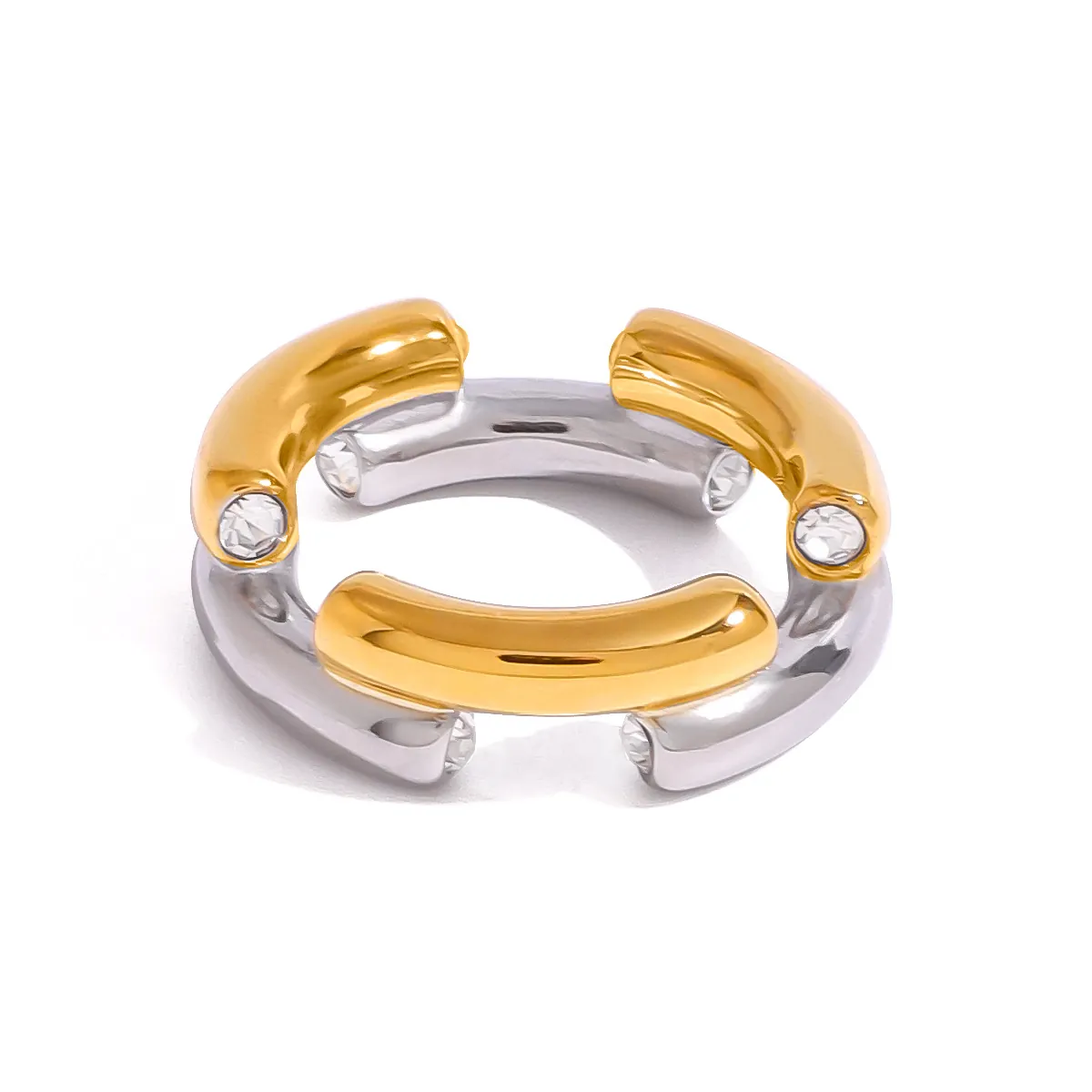 Mode 18K Vergoldet Edelstahl Zweifarbig Rund Ring Für Damen Strass Eingelegt Wasserdicht Schmuck Fingerring