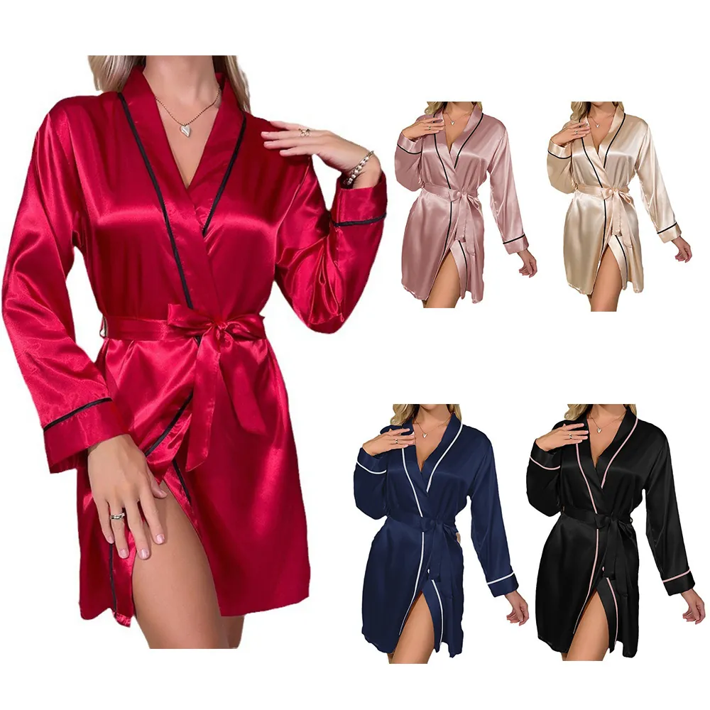 Women Satin Robe Imitation Satin Long Sleeve Bathrobe Sleepwear With Contrast Piping And Waist Belt Simple Lounge Wear