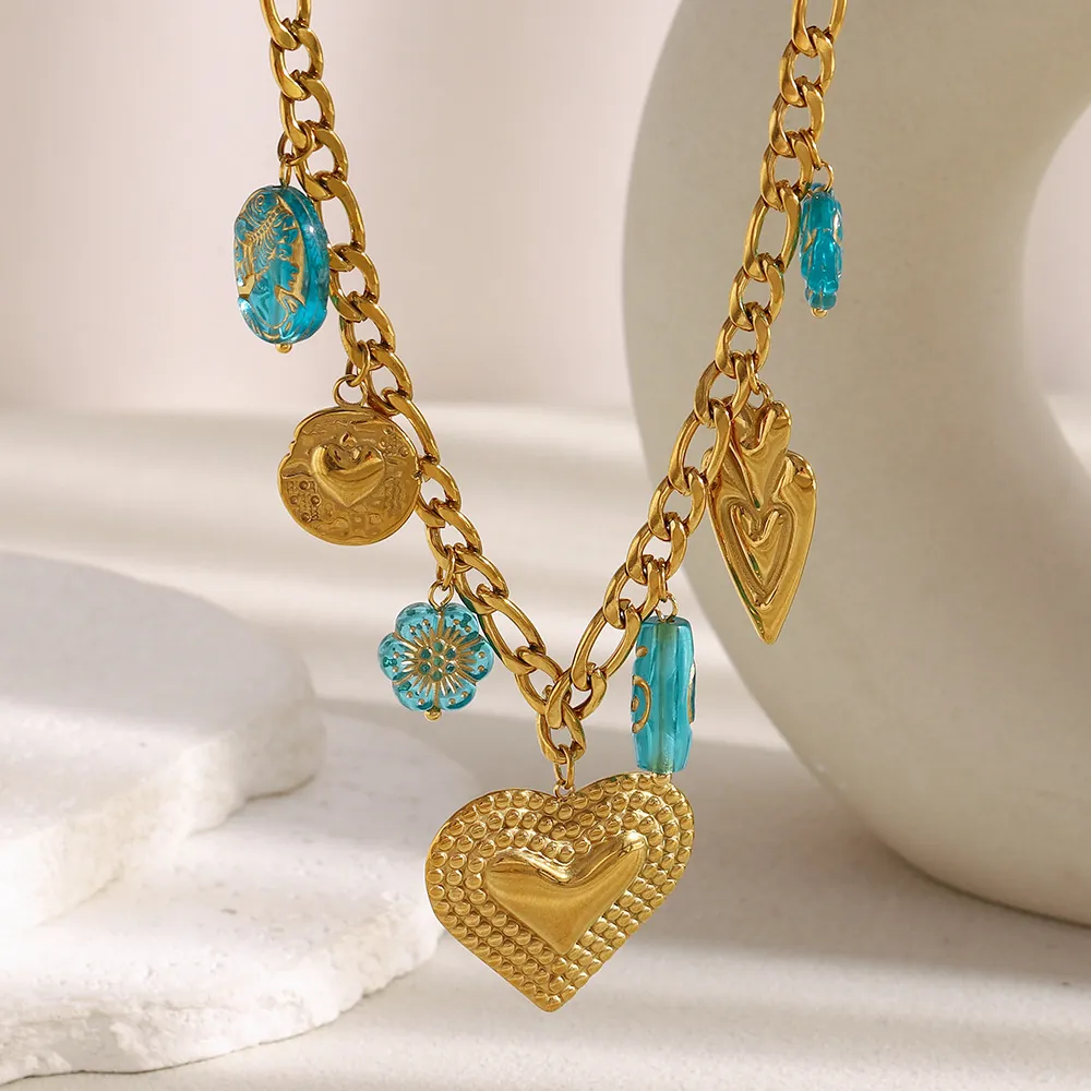 Collier Pendentif Coeur Vintage Acier Inoxydable Plaqué Or 18K Perles Verre Bleu Rétro Boho Multi Breloques Bijoux Femme