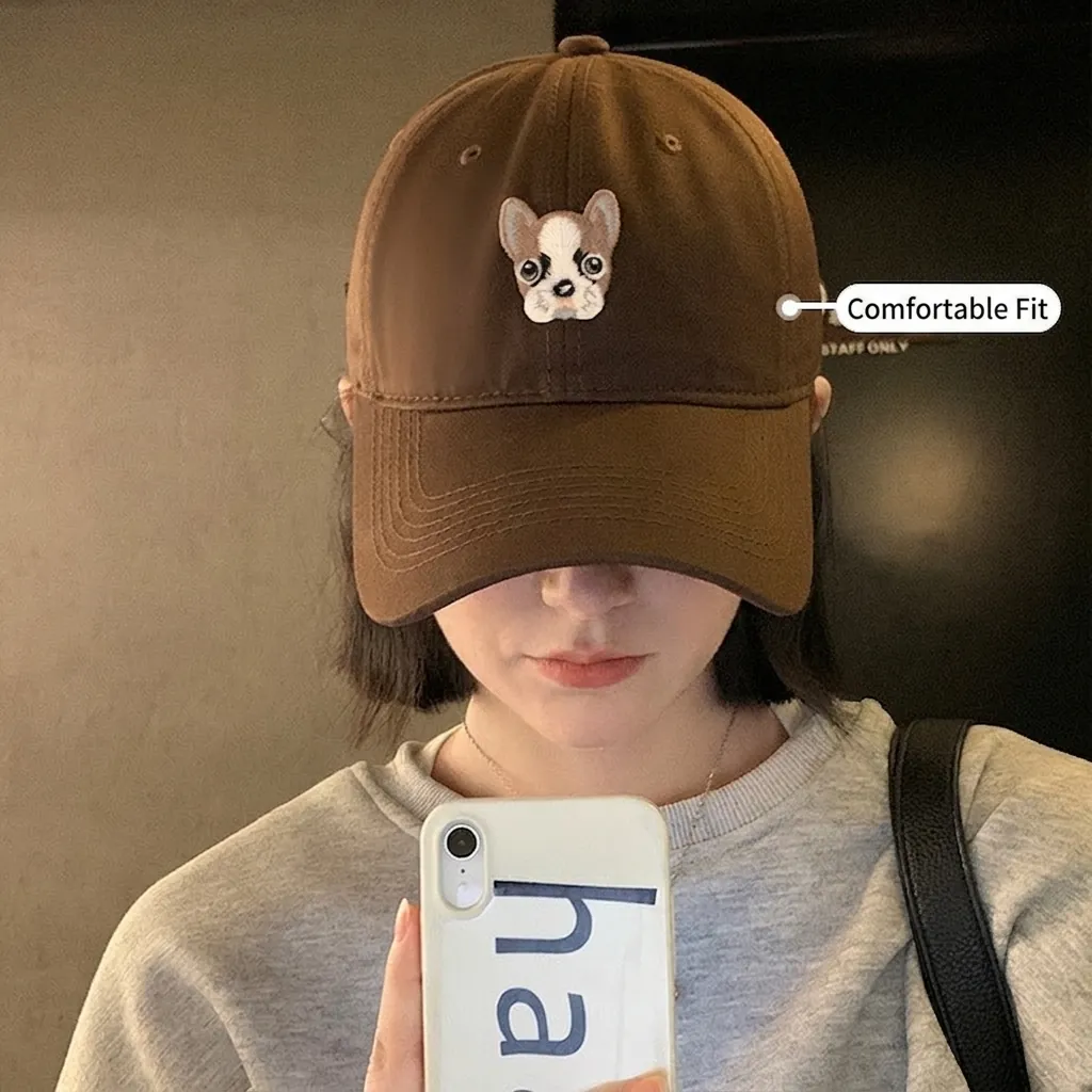 Casquette De Baseball En Coton Vintage Femmes Broderie Chien Bord Large Réglable Chapeau Décontracté