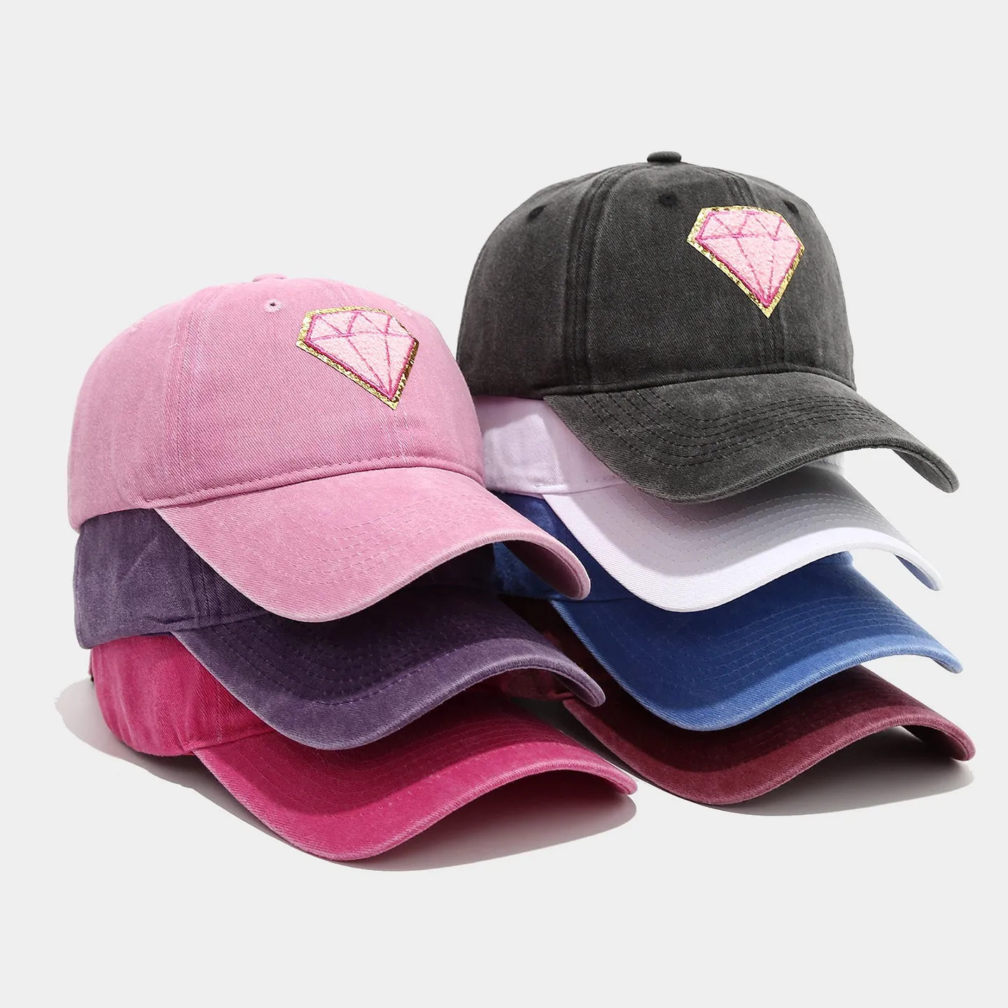 Washed Cotton Baseball Cap Vintage Casual Dad Hat Pink Diamond Chenille Patch Gold Glitter Border Sun Protection Adjustable