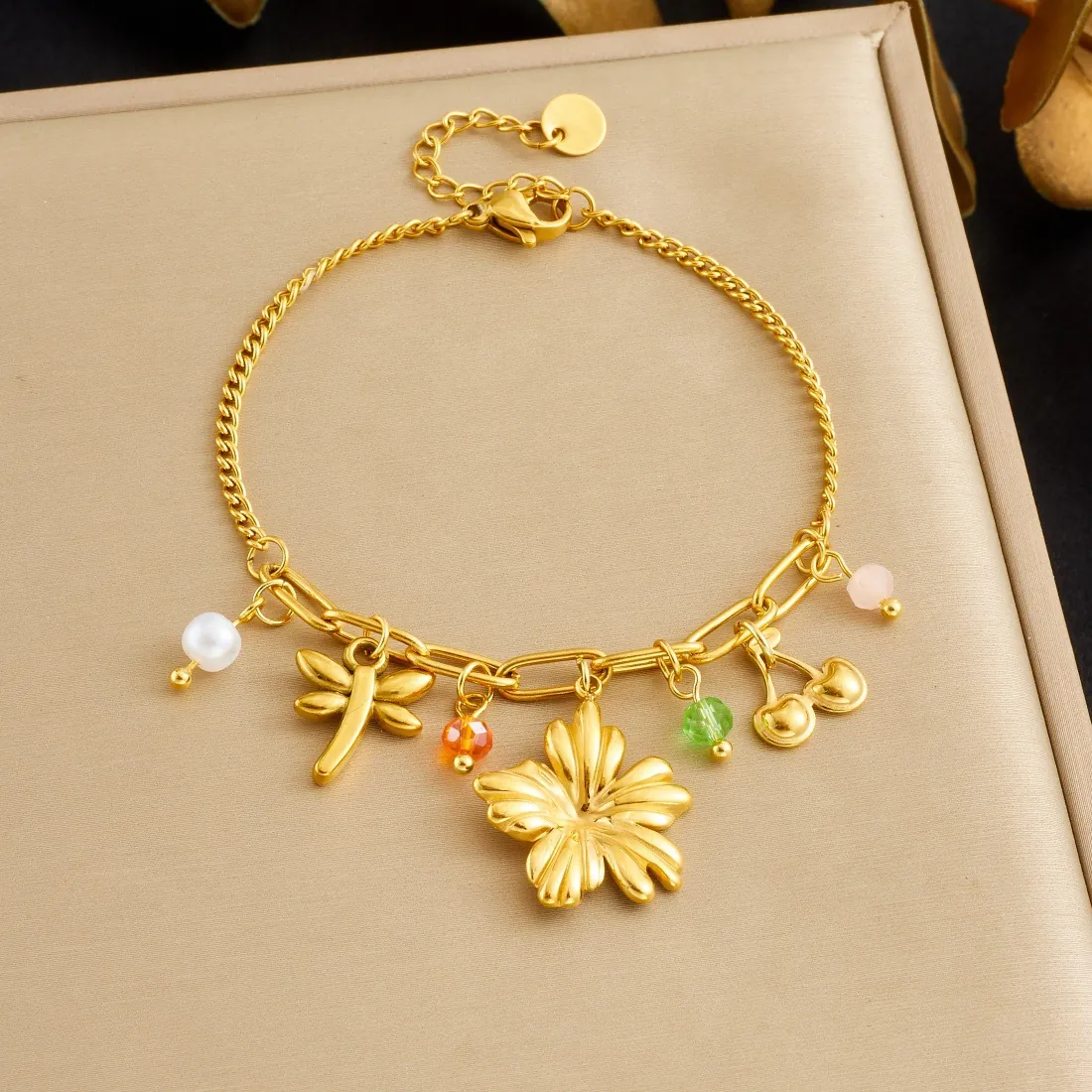 Gold Plated Stainless Steel Charm Bracelet For Women Flower Dragonfly Cherry Artificial Pearl Colorful Beads Pastoral Style
