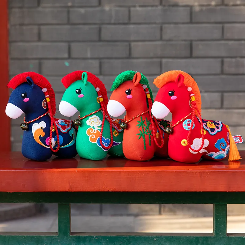 Chinese Folk Style Year Of The Horse Plush Toy Mascot Pendant For New Year Gift Traditional Fabric Horse With Embroidery Bell Tassel Auspicious Ornament