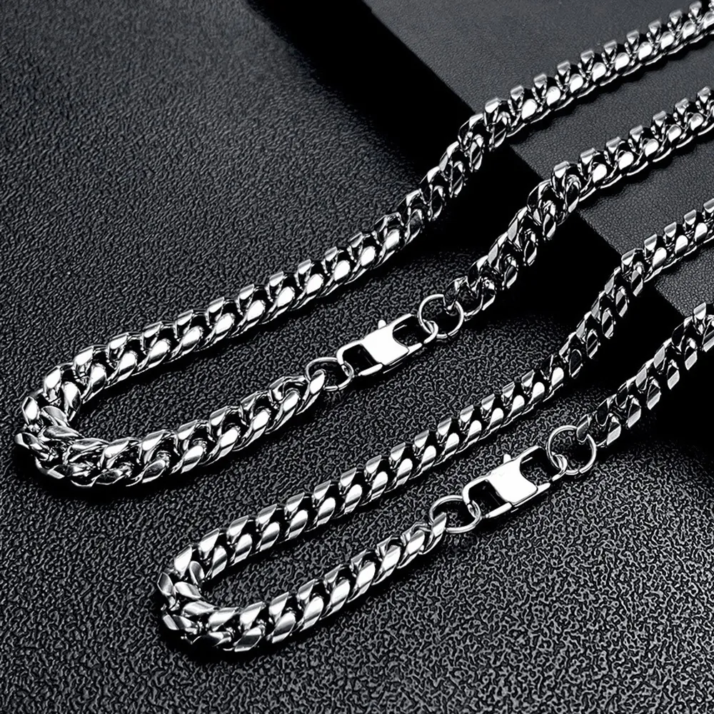 Cuban Link Chain Necklace Bracelet Stainless Steel Polished Hip Hop Punk Style For Men Trendy High Gloss Flat Buckle