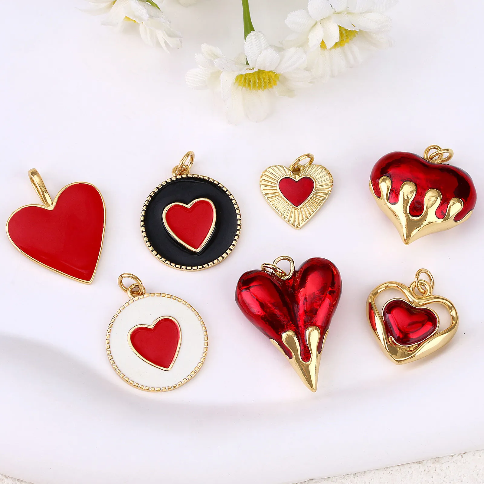 Heart Charms Pendants Red Enamel 18K Gold Plated Copper For DIY Jewelry Making Romantic Elegant Accessories Women