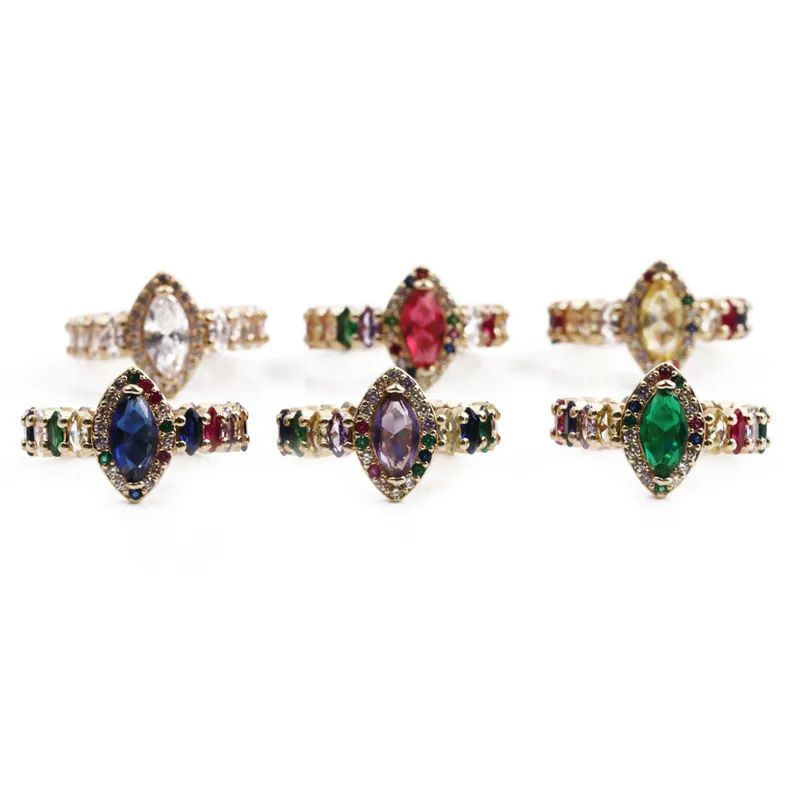 Bague Zircon Coupe Marquise Coloré Cuivre Plaqué Or Ajustable Arc En Ciel Bijoux Géométrique Vintage Boho Pour Femmes