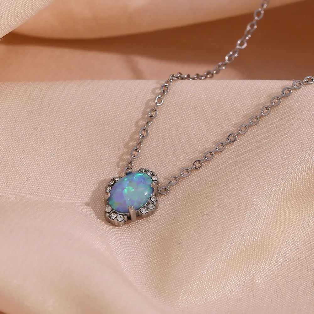 Parure De Bijoux Vintage Opale Bleue Ovale Acier Inoxydable Strass Collier Bracelet Boucles D'oreilles Pour Femmes