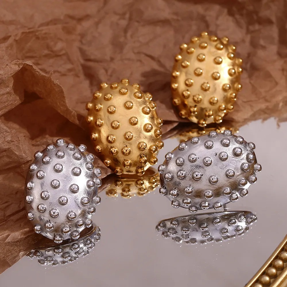 Vintage Oval Stud Earrings For Women 316L Stainless Steel 18K Gold Plated Cactus Texture Retro Stylish
