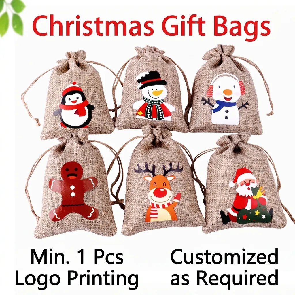Christmas Gift Bags Burlap Linen Drawstring Pouch Holiday Party Decor Candy Storage Reusable Festive Patterns