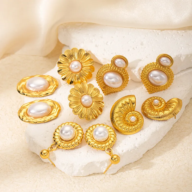 Vintage French Style Stainless Steel Earrings For Women With Faux Artificial Pearl Flower Conch Shell Design Gold Plated Elegant