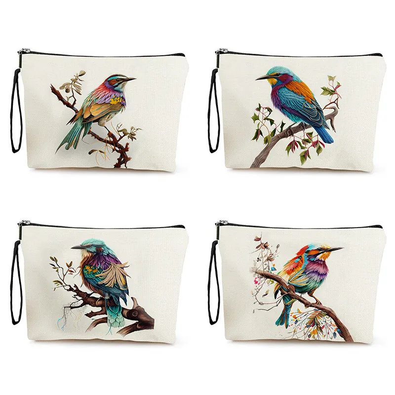 Artistic Bird Print Linen Makeup Bag Zipper Toiletry Pouch Portable Cosmetic Storage Travel Handbag With Wristlet Strap