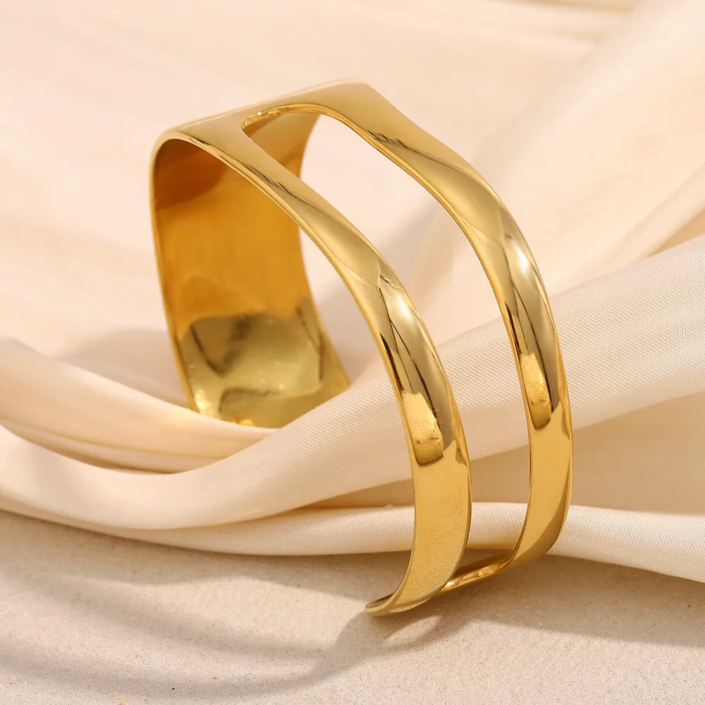 Stainless Steel Cuff Bracelet 18K Gold Plated Asymmetric Hollow Double Layer Open Bangle For Women Minimalist Jewelry