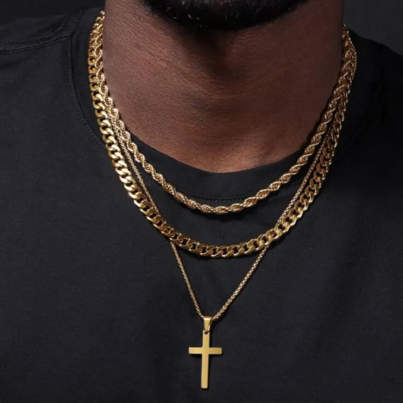 Cross Pendant Necklace Multi Layer Stainless Steel Cuban Link Rope Chain Hip Hop Streetwear For Men Women Jewelry