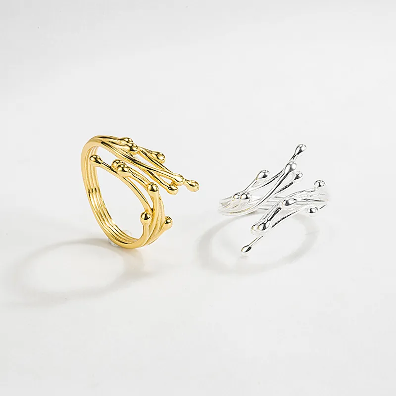925 Sterling Silver Branch Open Ring For Women Minimalist 18K Gold Plated Adjustable Liquid Metal Geometric Finger Ring