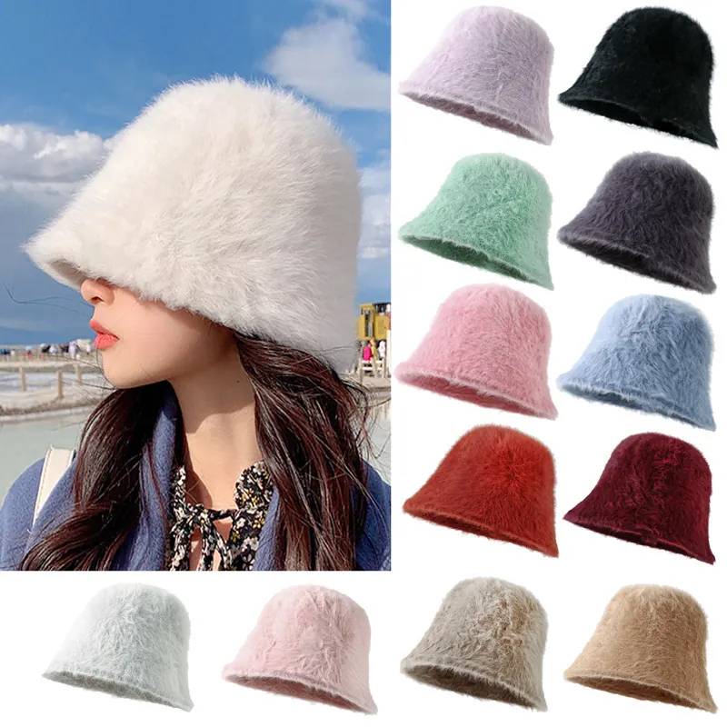 Damen Winter Warm Kaninchenfell Anglerhut Plüsch Fischerhut Elegant Weich Pelzig Topfhut Mode Pendler Wasser Eimer Kappe