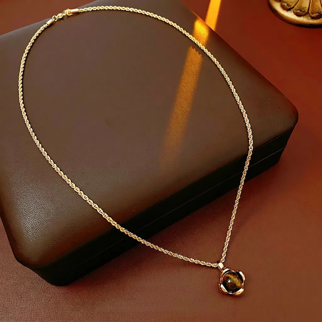 Retro Tigerauge Stein Anhänger Halskette Gold Plattiert Kupfer Twist Kette Vintage Schmuck Lange Pullover Kette Für Damen